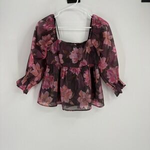 THIRTY THIRTY Floral Print Square Neck Smocked Peplum‎ Top Women's M Puff Sleeve
